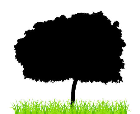 Tree silhouette and green grass, isolated on a white background. EPS10 vector.のイラスト素材