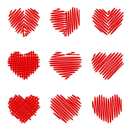 Felt pen painted valentine hearts set. Different shaded holiday love symbol. Cute Romantic sign doodles like. Textured wish pictogram. Pencil stroke line shape. Isolated design element. EPS10 vector.のイラスト素材