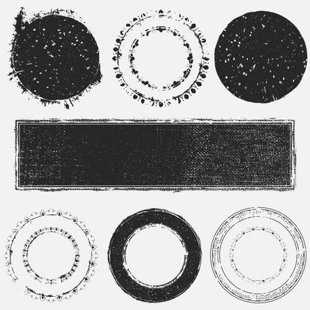 Distressed post Stamp texture set. Circle grunge scratched lable background. Aged bold thin round cover template. Used circular icon, badge, button backdrop. Elements aging your design. EPS10 vector.のイラスト素材