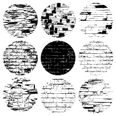 Stone Brick wall circular overlay textures set. Distress masonry stamp backgrounds. Empty articstic icon, logo, label template. EPS10 vector.のイラスト素材
