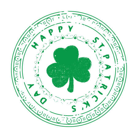 Saint Patricks Day Congratulation on circle grunge decorative stamp with clover shamrock symbol placed in center.のイラスト素材