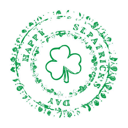 Saint Patrick's Day Congratulation on circle grunge decorative stamp with clover shamrock symbol placed in center.のイラスト素材