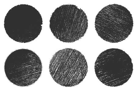 Distressed bold stamp texture set. Circular grated charcoal background. Empty hi-quality element. Grunge circle overlay mockup. Original blank High detailed quality. Icon basis. EPS10 vector.のイラスト素材