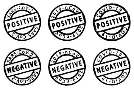 Covid19 virus health test pass circle grunge stamp set. 2019 nCov positive and negative round distress mark set. Sars cov-2 world pandemy creative design template collectionのイラスト素材