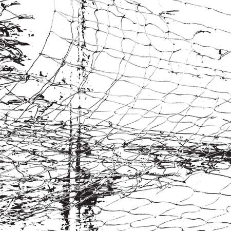 Fishing net black overlay grunge texture. Marine grid distress background. Empty template for aging your design.のイラスト素材