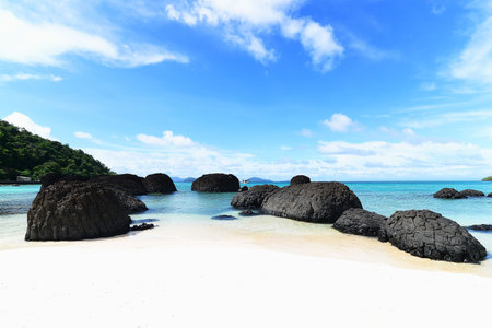 Beautiful scene of beach with cloud and blue sky in Koh Mak, Trad, Thailand.
