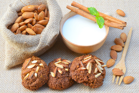 Homemade cookies, almonds and almond milk Clean Food.の写真素材