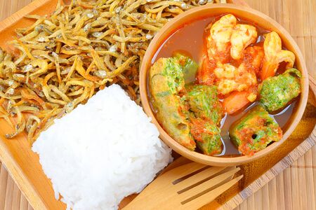 Shrimp and egg sour soup made of tamarind paste, Delicious thai traditional foodの写真素材