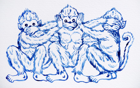 funny 3 monkeys concept, watercolor painting illustration design, hand drawnの写真素材
