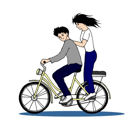 Hand-drawn cute couple riding a bicycle.のイラスト素材