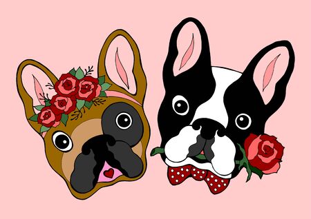 Hand drawn cute dog couple with rose.のイラスト素材