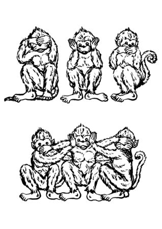 funny 3 monkeys concept, vector illustration design, hand drawnのイラスト素材