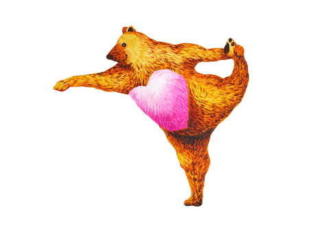 Standing Bow Pulling Pose Yoga : Dandayamana Dhanurasana, watercolor painting, chakra power, cute big bear cartoon design illustrationの写真素材