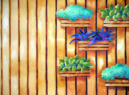 watercolor painting, hand drawn on paper, vertical garden illustration design vivid tone, background for coffee shop, tea restaurantの写真素材