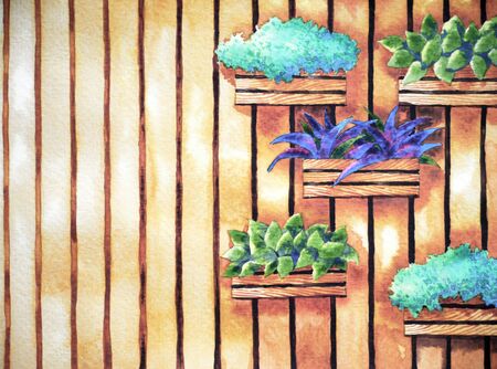 watercolor painting, hand drawn on paper, vertical garden illustration design background for coffee shop, tea restaurantの写真素材