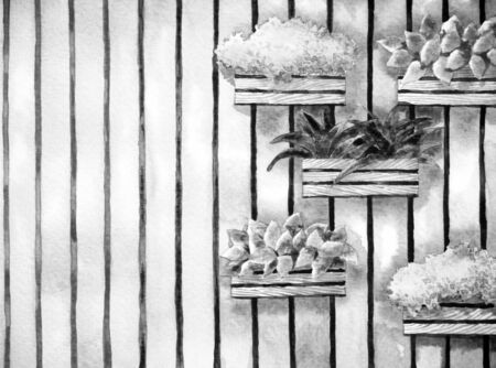 watercolor painting, hand drawn on paper, vertical garden illustration design black and white tone, background for coffee shop, tea restaurantの写真素材
