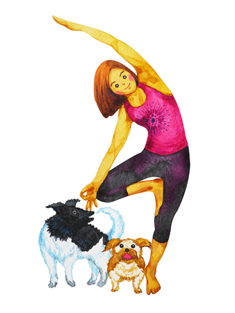 Tree Pose Yoga, Vriksasana position posture, hand drawn watercolor painting girl and dogs cartoon characterの写真素材