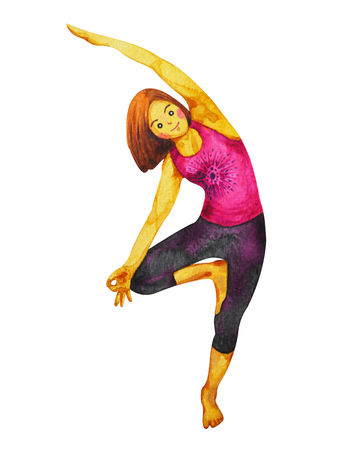 Tree Pose Yoga, Vriksasana position posture, hand drawn watercolor painting cartoon characterの写真素材