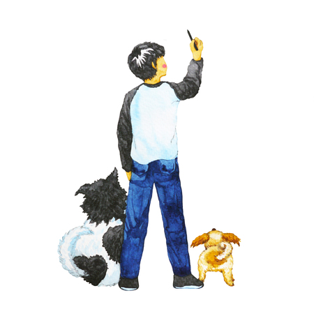 boy drawing in the air with his dogs, watercolor painting design illustrationの写真素材