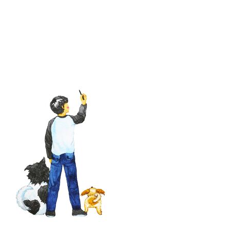 boy drawing in the air with his dogs, watercolor painting design illustrationの写真素材