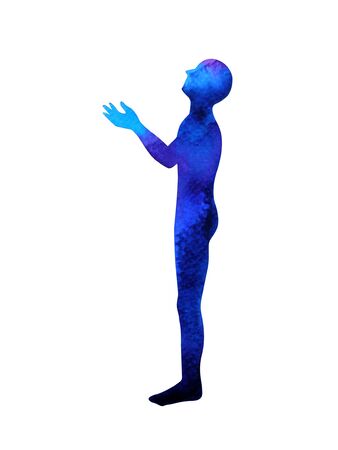human standing hand up pose, abstract body watercolor painting hand drawing illustration designの写真素材