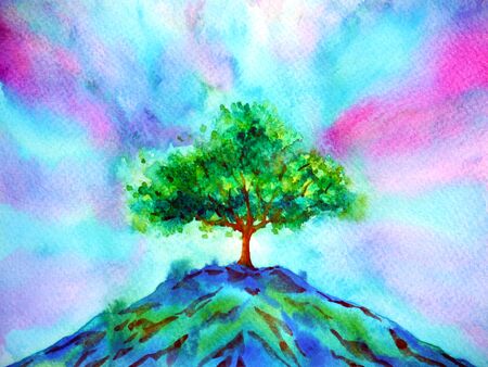 tree on top mountain abstract art watercolor painting illustration design hand drawingの写真素材