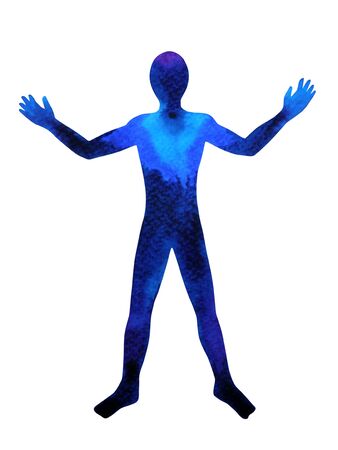 human standing hand up pose, abstract body watercolor painting hand drawing illustration designの写真素材