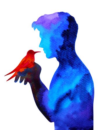 human and bird mind spiritual art abstract watercolor painting illustration design hand drawingの写真素材