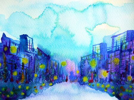 blue building city urban and sky background watercolor painting illustration design hand drawnの写真素材