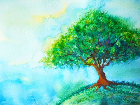 big green tree color on earth planet watercolor painting blue sky light background illustration design hand drawnの写真素材