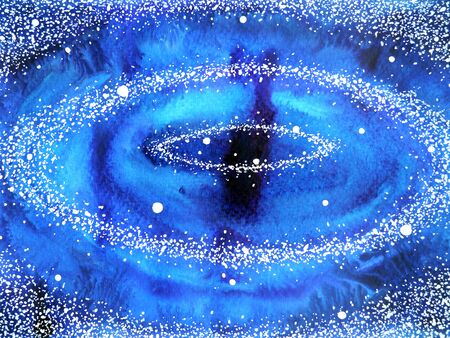 abstract art universe watercolor painting illustration spiral circle cycle round blue white design background hand drawnの写真素材