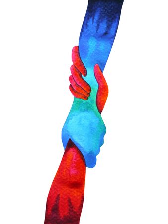 blue and red hands holding together watercolor painting illustration design hand drawnの写真素材