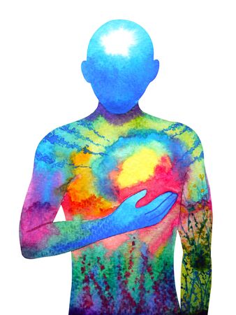 abstract human hand up holding heart sun moon watercolor painting illustration design hand drawnの写真素材