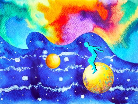 human and spirit colorful powerful energy connect to the universe power abstract art watercolor painting illustration design hand drawnの写真素材