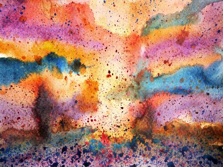 abstract colorful sky splash watercolor painting landscape hand drawn design illustrationの写真素材