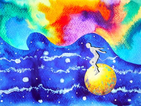 human and spirit colorful powerful energy connect to the universe power abstract art watercolor painting illustration design hand drawnの写真素材