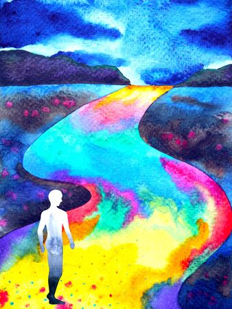 human walking in rainbow road abstract watercolor painting illustration design hand drawnの写真素材