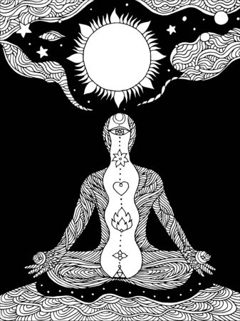 7 chakra lotus pose yoga, vector doodle hand drawing sun world universe flower floral design illustrationのイラスト素材
