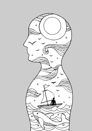 human head spirit power energy connect to the universe vector abstract art illustration design hand drawnのイラスト素材