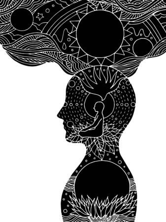 7 chakra lotus pose yoga, vector doodle hand drawing sun world universe flower floral design illustrationのイラスト素材