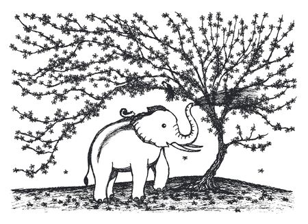 baby elephant playing water under flower tree illustration designの写真素材