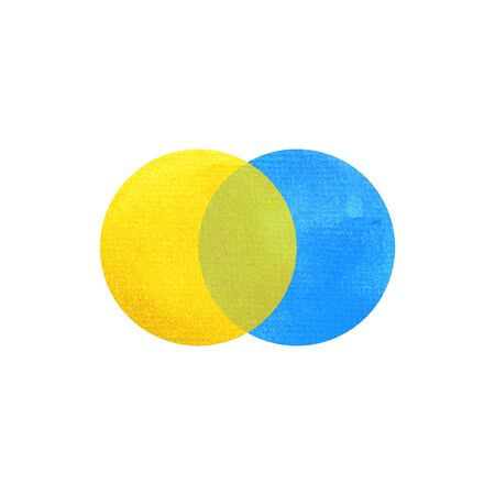 2 primary colors, blue yellow watercolor painting circle round on white paper texture backgroundの写真素材