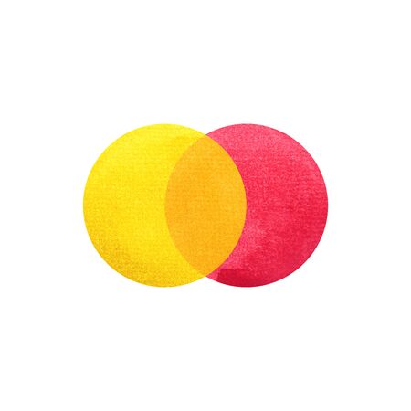 2 primary colors, red yellow watercolor painting circle round on white paper texture backgroundの写真素材