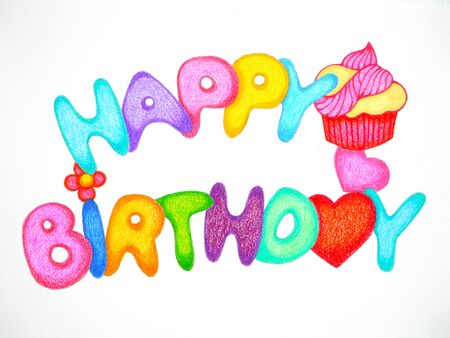 happy birthday card pencil color hand drawing illustration designの写真素材