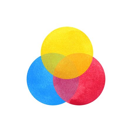 3 primary colors, blue red yellow watercolor painting circle round on white paper texture backgroundの写真素材