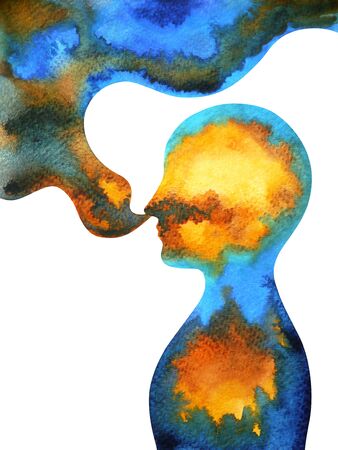 human head, chakra power, inspiration abstract thinking, world, universe inside your mind, watercolor paintingの写真素材