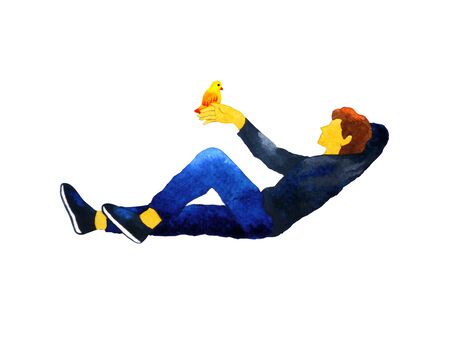 man lay down relax watercolor painting hand drawing illustration designの写真素材