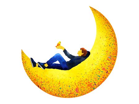 man sitting on yellow moon watercolor painting illustration designの写真素材