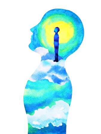human head, chakra power, fantasy abstract thinking, world, universe inside your mind, watercolor paintingの写真素材
