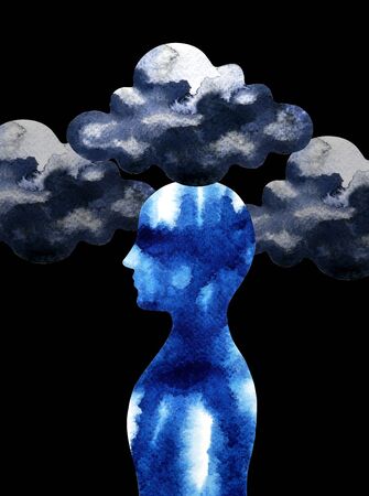 human head, dark cloud sky, inspiration abstract thinking inside your mind, watercolor paintingの写真素材